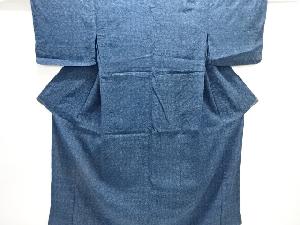 アンティーク　斜め格子に草花模様織り出し手織り真綿小千谷紬単衣着物